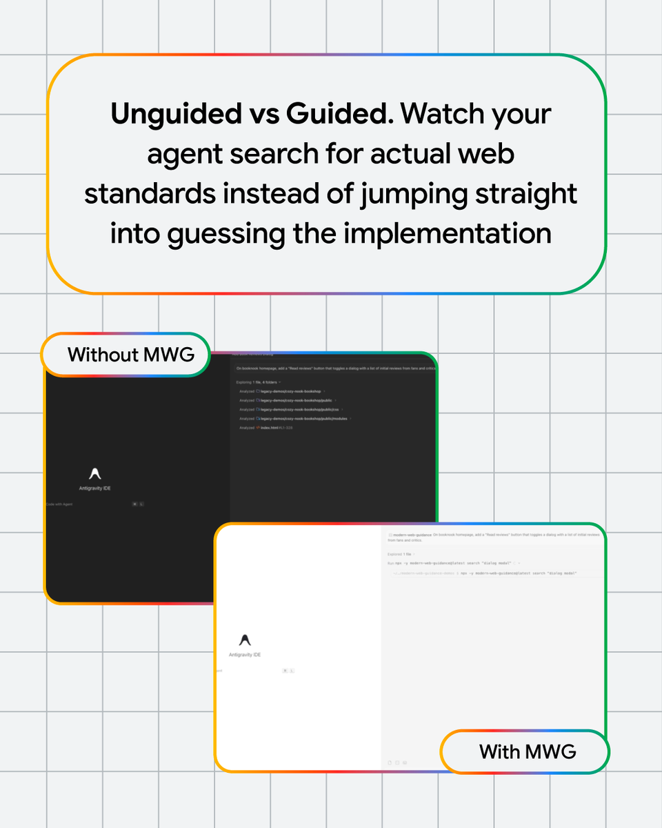 ChromiumDev's tweet photo. Modern Web Guidance brings up-to-date coding guides directly into your agent's context window.  That way, it uses HTML attributes to define dialogs declaratively, instead of messy JS event listeners → https://t.co/iP7QLNhQtG https://t.co/NXLWVVTPA0