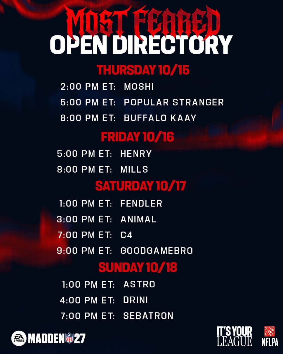 EASPORTS_MUT's tweet photo. The Most Feared Open Directory is here! 🎃

Link your EA and Twitch accounts and tune in to your favorite MUT streamers to earn drops and other Most Feared rewards! #Madden27 https://t.co/OlnJ7XigCX