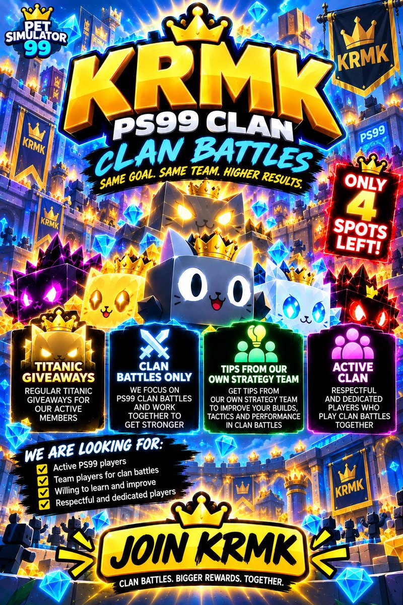 KarmaLin84's tweet photo. Only 4 spots left!!
We reached #108 with just 16 active members. We have welcomed new clan members who a ready to help us reach top 50 next clan battles.
We are searching for 4 new dedicated clan members.
Interested? Pls sent me a dm🙏
#ps99clan #clanbattles #clan #ps99 https://t.co/yXSlZcQ4Rp