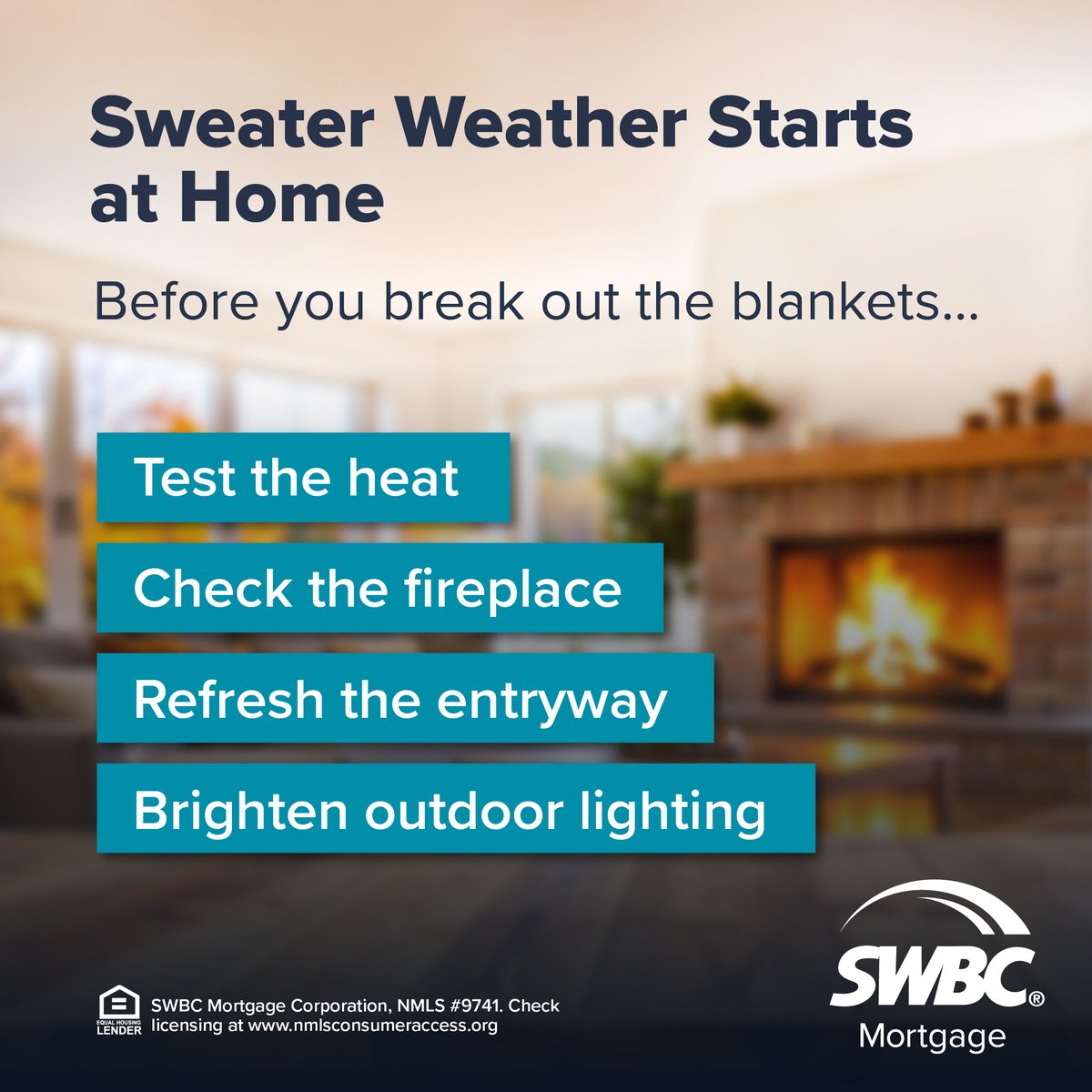 SWBCServices's tweet photo. Sweaters ✔️ 
Blankets ✔️
Pumpkin-flavored everything ✔️

Is your home ready for cozy season?

Check out our latest fall home prep guide for simple ways to get comfortable before cooler weather arrives.
https://t.co/4erNyDDsEH https://t.co/BrNEbHnZpk