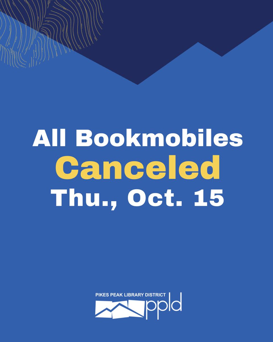 ppld's tweet photo. All bookmobile stops are canceled on Thu., Oct. 15, due to high winds. 

We welcome your questions. Please email us at socialmedia@ppld.org. https://t.co/Fljex01hBs