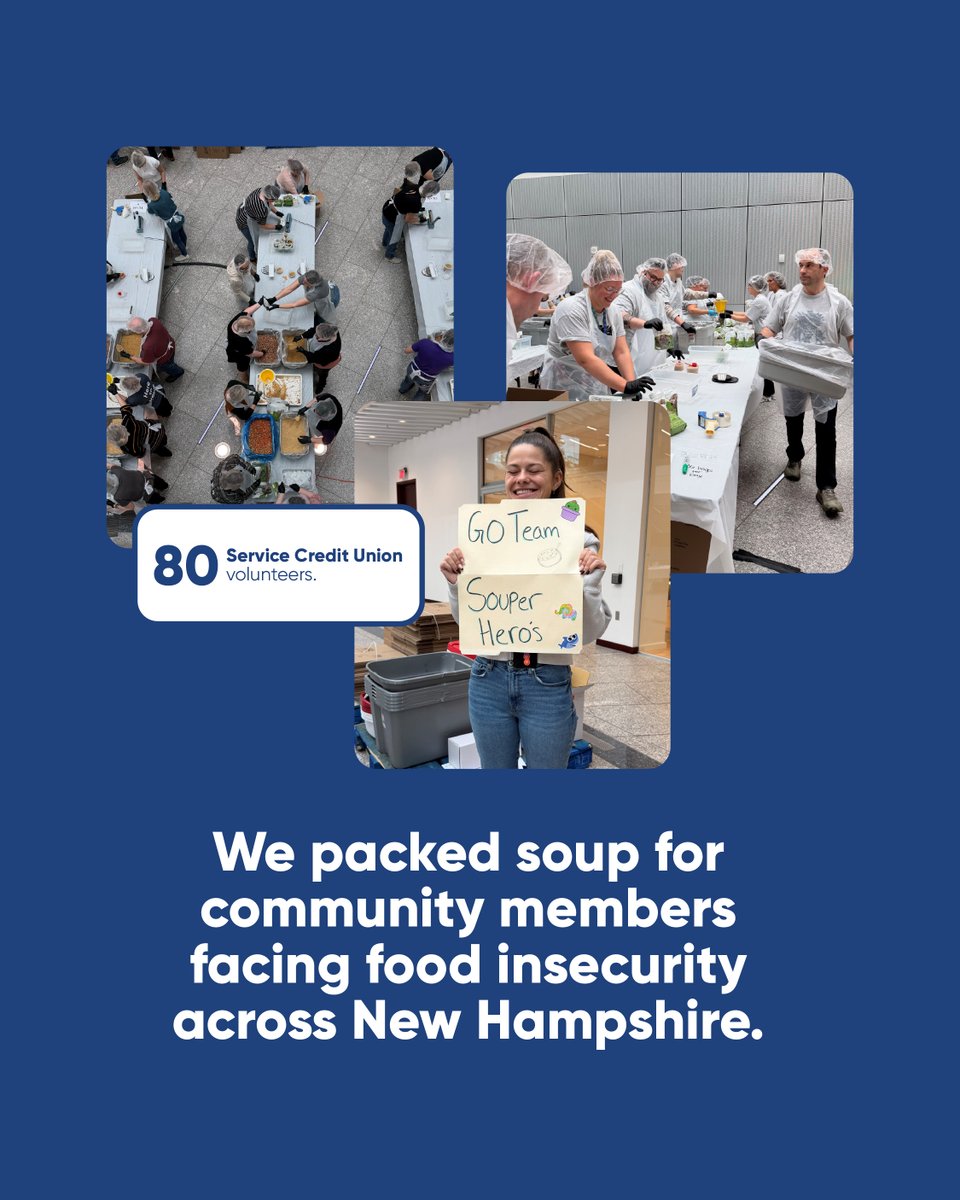 Servicecu's tweet photo. 💙 In partnership with the NH Food Bank, 80 Service Credit Union volunteers rolled up their sleeves for our annual Mac Off, packing minestrone soup for community members facing food insecurity across New Hampshire. Together, we packed an incredible 25,056 meals! https://t.co/yZj988DXD7