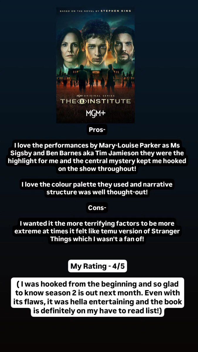 ShamilMak's tweet photo. My Quick and Short Review of The Institute Season 1 #shamilmakeen #review #mythoughts #theinstitute #StephenKing #tvshow #tvshowreview #theinstituteS1 #theinstituteS1review #mgm https://t.co/S7aSZmoHvK