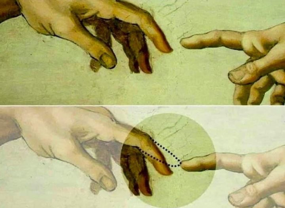 JamesLucasIT's tweet photo. In the Creation of Adam, Michelangelo painted God’s finger stretched as far as it can reach, while Adam’s stays slightly bent, just short of touching.

Many read the gap between them as a statement about free will: God is always there, but the decision to seek Him belongs to us. https://t.co/gAGp3Raeco