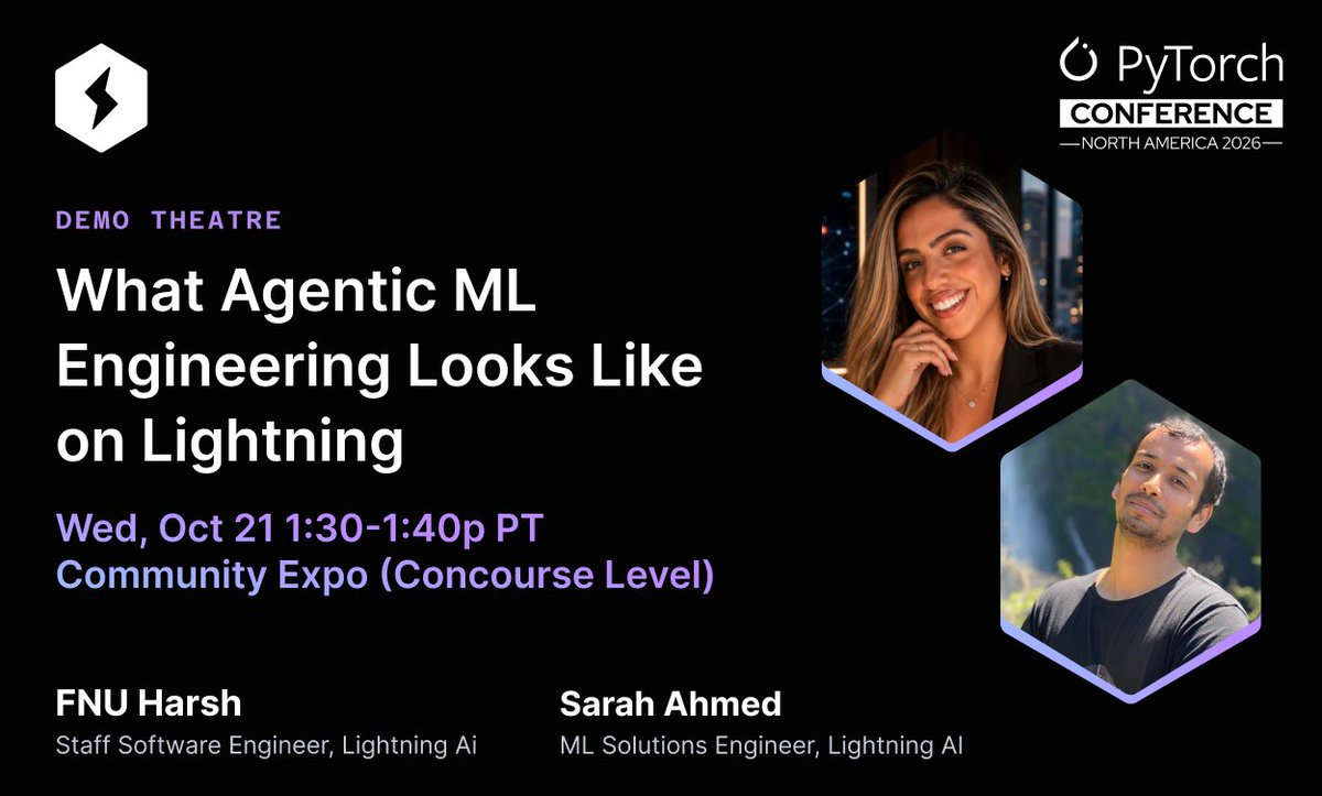 LightningAI's tweet photo. PyTorch Conference starts next week and we’re bringing two sessions.

🔹 Turning Tribal AI Knowledge into a Model
Liana Koleva and Teja Pulagam tackle a question every ML team runs into: how do you turn what your best engineers know in their heads into something a model can actually learn?
📍 Room 210A  | 🗓️ Wed, Oct 21, 11:45am–12:10pm PT

🔹 What Agentic ML Engineering Looks Like on Lightning
FNU Harsh and Sarah Ahmed break down what agentic ML workflows actually look like in practice.
📍 Demo Theatre, Community Expo | 🗓️ Wed, Oct 21, 1:30–1:40pm PT

If you’re at PyTorch Conference, come find us.