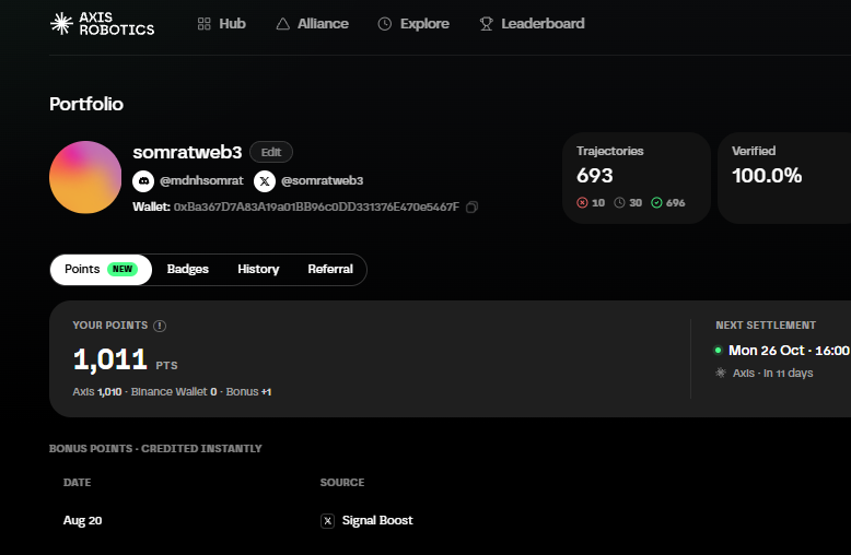 somratweb3's tweet photo. Another milestone with @axisrobotics 🤖

Just crossed 693 trajectories with 1,011 points on my AXIS Robotics journey!

Current progress:
→ 693 trajectories completed
→ 100% verified
→ 1,011 points earned
→ Continuing to contribute data to the Physical AI ecosystem

Every trajectory is a small step toward helping train smarter robots and improve real-world robotics.
Still grinding, learning, and contributing one task at a time. The journey continues!

Next target: 1,000 trajectories 🚀

Haven't joined the @axisrobotics journey yet? 
Check it out: https://t.co/rVUPC1ziOo

How many trajectories have you completed so far? 👀