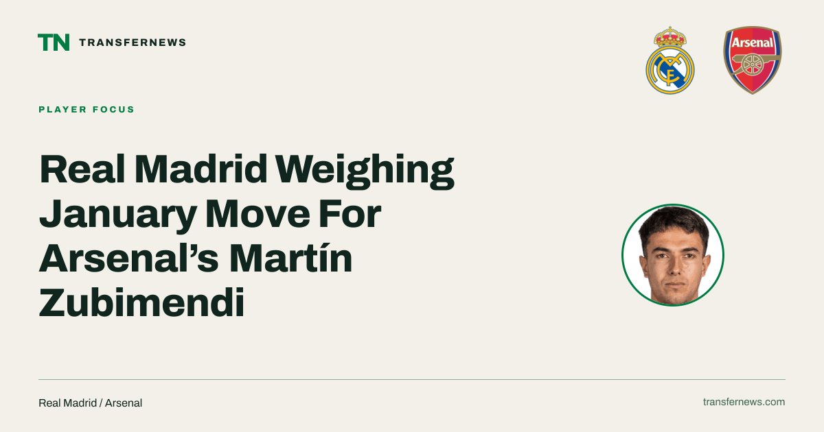 transfernewsweb's tweet photo. Real Madrid are reportedly exploring a January move for Arsenal’s Martín Zubimendi. According to reports from Joaquín Maroto, José Mourinho has identified the midfielder as a primary target to address team inconsistencies. ⚽ #RealMadrid #Arsenal https://t.co/xeSqRD5rFf