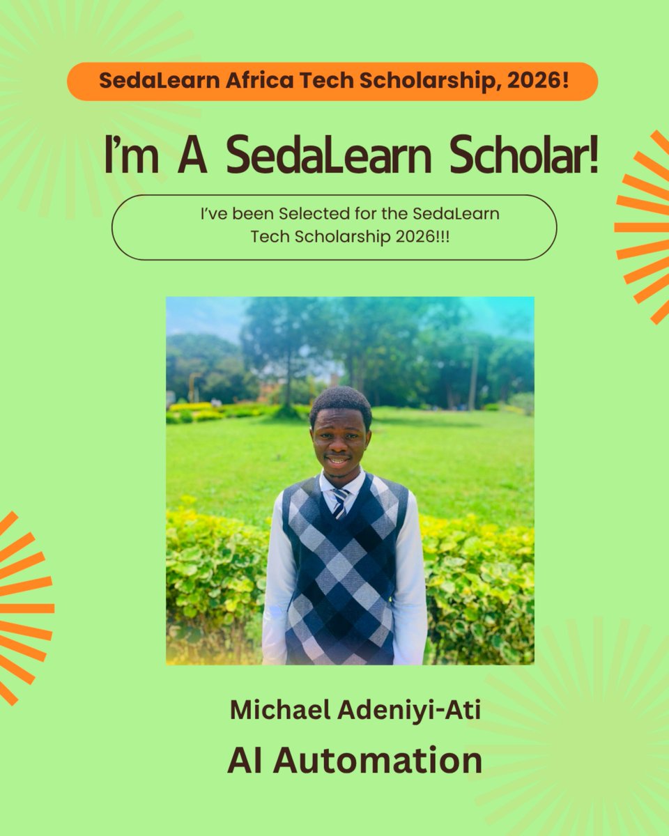 MkAti71101408's tweet photo. Proud to be a SedaLearn 2026 Scholar!
Taking my AI AUTOMATION to another level. Getting stronger πͺ
Thank you, *SedaLearn Africa*, for this opportunity! π
#SedaLearn #SedaLearnScholar #SedaLearn2026 https://t.co/0YB2ZtVOW8