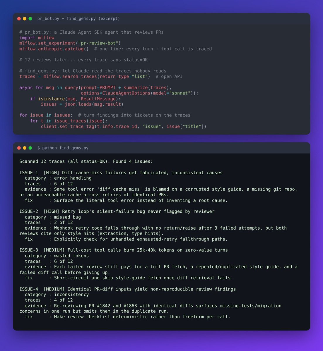 colepseifert's tweet photo. Every trace in my agent's dashboard said OK. Claude found 4 real problems hiding in them.

Built this after Yuki Watanabe's talk at @databricks: traces are full of hidden gems, but they do nothing until someone acts on them.

Claude Agent SDK + @MLflow, one autolog line. https://t.co/OLDaQ1EO9c