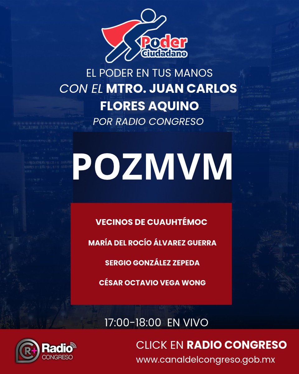 PoderCiudadTV's tweet photo. Hoy jueves ‼️

Continuamos analizando el #POZMVM ahora con vecinos de la Cuauhtémoc, en cabina 
@06600Observa de la Juárez  @Mariadeguerrra de la Cuauhtémoc y Octavio Wong de Roma Norte 

📻#RadioCongreso
🎙️@floresaquino
⏰17/18 EN VIVO
ESCUCHA AQUÍ 📲🎧⤵️

https://t.co/RgYnxT7k43

📍@CanalCongreso