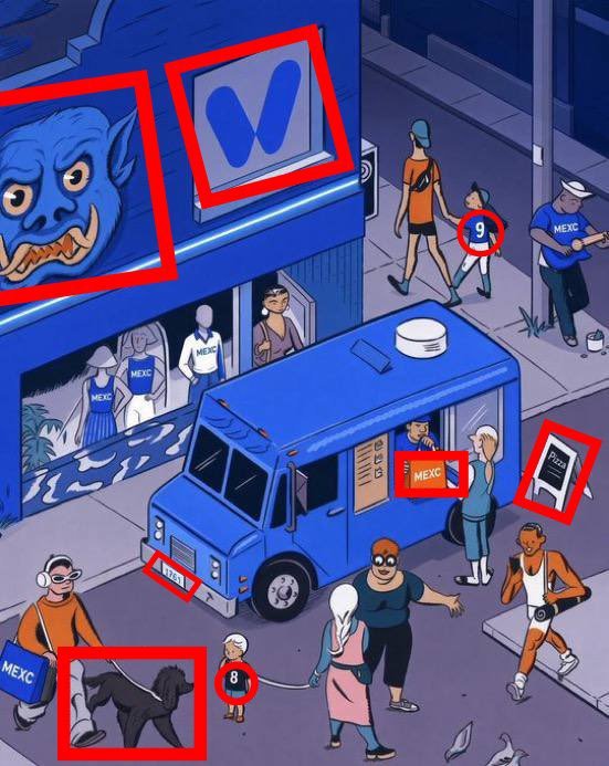 Gomathi221's tweet photo. 8 : answer
1 monster (left image no horns / right has horns) 
2. Big logo on building —  mexc logo shape → different W -style logo 
3. Kid’s jersey number — 9 → 7 
4. Food truck bag color — orange MEXC → blue MEXC 
5. Sidewalk sign — Pizza → Tacos
6. Truck license plate — 1761 → 1671 
7. Dog color — black → tan/brown 
8. Small child’s shirt — has number 8 → plain black