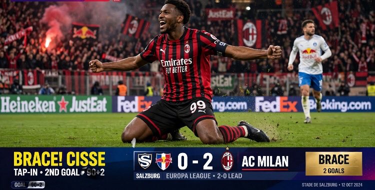EuroSports_L's tweet photo. 𝐄𝐮𝐫𝐨𝐩𝐚 𝐋𝐞𝐚𝐠𝐮𝐞— 𝐋𝐢𝐯𝐞 
32' — BRACE! CISSE AGAIN! ⚽⚽ 🔥 

Salzburg 0-2 AC Milan

Tap-in finish! Predator in the box! Cisse doubles the lead!

From a bullet header to a poacher's tap-in — night for Cisse! 🔴⚫️
#UEL #SALACM #ACMilan #Cisse #Brace #Eurosports_L https://t.co/ojfkxgMVfx