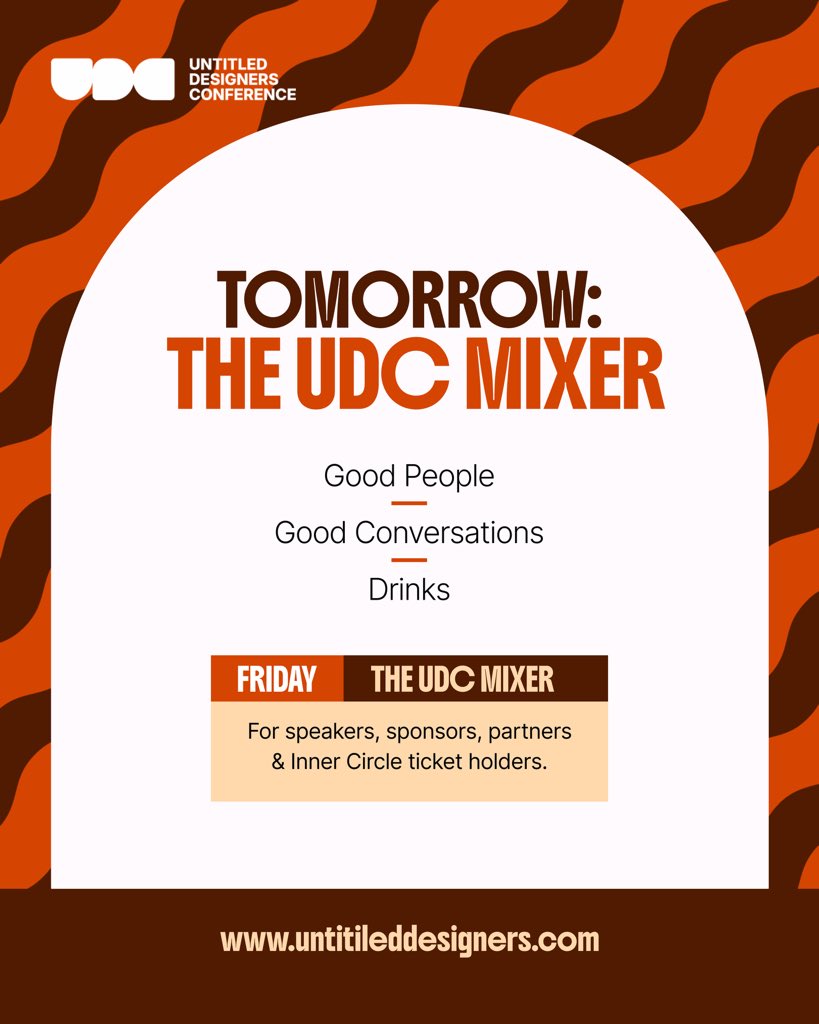 untitledsgnrs's tweet photo. Tomorrow, we kick things off with the UDC Mixer! 🥂

Good people, good conversations, drinks and an evening to connect before the main conference.

If you’re a speaker, sponsor, partner or Inner Circle ticket holder, we’ll see you there!

🗓️ Friday, October 16, 2026

Check your email for your mixer ticket and event details.❤️

#UDC2026 #HumanByDesign #UntitledDesigners