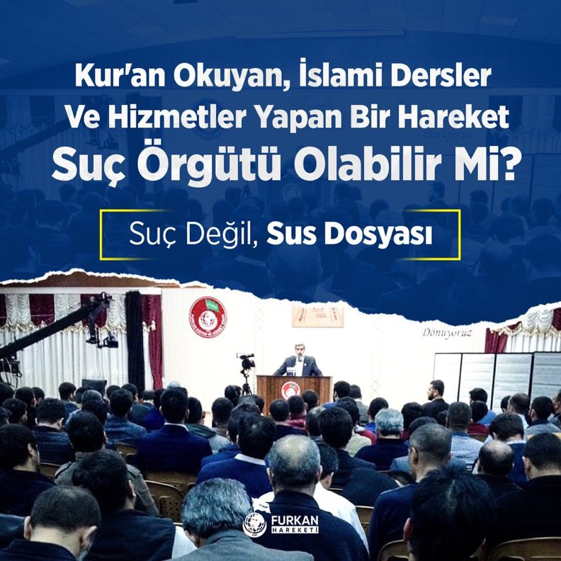 susmayz's tweet photo. Kur'an okuyan, İslami dersler ve hizmetler yapan bir hareket suç örgütü olabilir mi? 

SuçDeğil SusDosyası
SuçÖrgütü IftirasınaCevap
FurkanHareketi Tertemizdir
MasumiyetKarinesi GaspEdildi https://t.co/xudZ3YMkAB