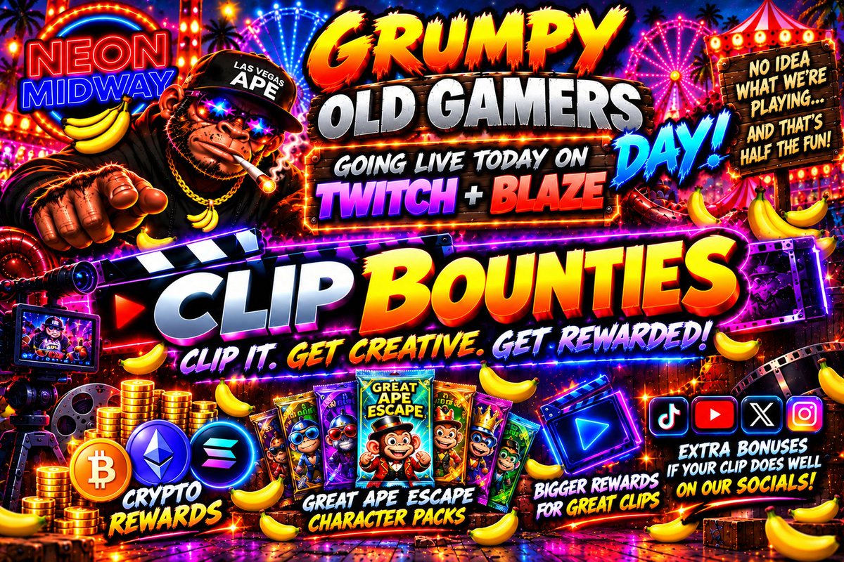 LasVegasApe702's tweet photo. 🎮👴 𝗚𝗥𝗨𝗠𝗣𝗬 𝗢𝗟𝗗 𝗚𝗔𝗠𝗘𝗥𝗦 𝗗𝗔𝗬! 👴🎮

Going LIVE TODAY on Twitch + BLAZE!

What are we playing today?

𝗡𝗢 𝗙𝗨𝗖𝗞𝗜𝗡𝗚 𝗜𝗗𝗘𝗔. 😂

That’s half the fun of Grumpy Old Gamers Day. We’ll figure it out when we get there.

But I DO know one thing...

🎪 𝗧𝗛𝗘 𝗘𝗔𝗥𝗟𝗬 𝗕𝗜𝗥𝗗𝗦 𝗚𝗘𝗧 𝗧𝗛𝗘 𝗠𝗜𝗗𝗪𝗔𝗬!

Get in early because before we start gaming, we’re firing up some of the 𝗡𝗘𝗢𝗡 𝗠𝗜𝗗𝗪𝗔𝗬 𝗖𝗟𝗔𝗦𝗦𝗜𝗖𝗦!

• Dodgeball
• The Great Ape Escape
• The Twisted Midway
• And whatever other chaos we decide to turn on
Then we’ll pick some games, complain about shit, probably blame the controller and do what Grumpy Old Gamers do best. 😂
🎬💰 𝗗𝗢𝗡’𝗧 𝗙𝗢𝗥𝗚𝗘𝗧 𝗔𝗕𝗢𝗨𝗧 𝗢𝗨𝗥 𝗖𝗟𝗜𝗣 𝗕𝗢𝗨𝗡𝗧𝗜𝗘𝗦!
Catch something funny, ridiculous, rage-inducing or just plain awesome on stream? 𝗖𝗟𝗜𝗣 𝗜𝗧!

We’re rewarding great community clips with:

• Crypto
• Great Ape Escape Character Packs
• Bigger rewards for putting extra work into your clips
• Additional bonuses when your clips perform well on our socials

𝗧𝗛𝗘 𝗕𝗘𝗧𝗧𝗘𝗥 𝗧𝗛𝗘 𝗖𝗟𝗜𝗣, 𝗧𝗛𝗘 𝗕𝗘𝗧𝗧𝗘𝗥 𝗧𝗛𝗘 𝗥𝗘𝗪𝗔𝗥𝗗. 🎬🔥

🎪 Join the Neon Midway Discord:
https://t.co/5IGY8iYHZT

🎬 Clip Bounties Room:
https://t.co/jRPM00HcL3
🟣 Twitch:
https://t.co/sHYZM3H9IH
🔥 BLAZE:
https://t.co/HKcgQVJBmH
𝗚𝗘𝗧 𝗜𝗡 𝗘𝗔𝗥𝗟𝗬 ➜ 𝗣𝗟𝗔𝗬 𝗧𝗛𝗘 𝗠𝗜𝗗𝗪𝗔𝗬 ➜ 𝗧𝗛𝗘𝗡 𝗪𝗘’𝗟𝗟 𝗙𝗜𝗚𝗨𝗥𝗘 𝗢𝗨𝗧 𝗪𝗛𝗔𝗧 𝗧𝗛𝗘 𝗛𝗘𝗟𝗟 𝗪𝗘’𝗥𝗘 𝗣𝗟𝗔𝗬𝗜𝗡𝗚. 😂🎮🍌