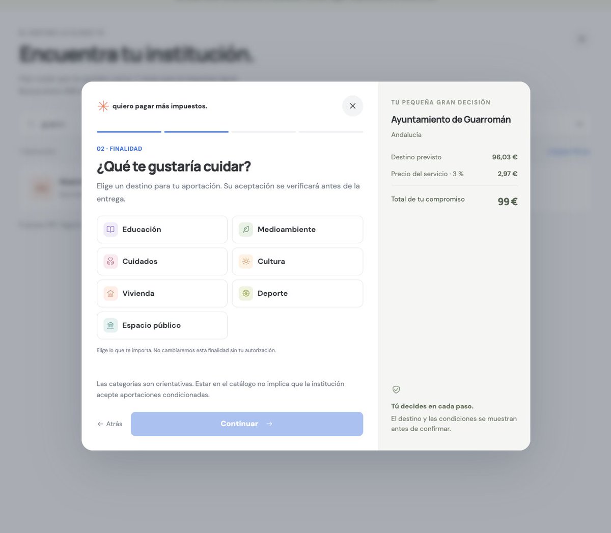 IamPostmode's tweet photo. "yo estaría dispuesto a pagar más impuestos".

vale, amigo, he hecho una web para ti.

>eliges institución pública
>una causa (cultura, educación, sanidad...)
>y un importe que estarías dispuesto a aportar.

y tu dinero llega en forma de donación.

se llama «quiero pagar más impuestos».

https://t.co/yNCdl8V3wR

ya no tienes que esperar a las elecciones o a una reforma tributaria para darle más dinero al estado.

ahora puedes poner tu dinero en sus manos siempre que quieras :)

porque tú estás a favor de lo bueno ❤️

(por favor, compartan con Bardenes y Ana Belenes)