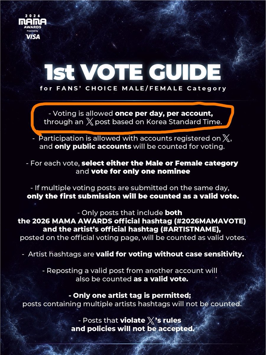 TeamSVS's tweet photo. 🔮Hello, it’s just 1 vote per twt acct overall, which includes RTing or tweeting. Your first RT or tweet with #straykids #2026MAMAVOTE is what will count

https://t.co/5N70muYd4M https://t.co/AiE5PTeZMK