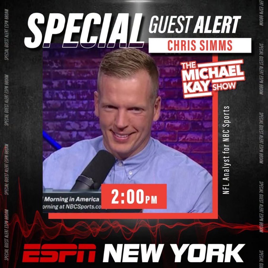 ESPNNewYork's tweet photo. SPECIAL GUEST ALERT!
 
TODAY at 2:00PM on The @RealMichaelKay Show:

@CSimmsQB joins the program to discuss all things NFL!

WATCH: https://t.co/nwJo2o0byS

LISTEN: https://t.co/LYZOQ2Khl9, @880ESPNNewYork, 101.1FM HD 2 or the @ESPNNewYork App!

DOWNLOAD: https://t.co/IaTaIzBzbN https://t.co/7ySFbnQnVf