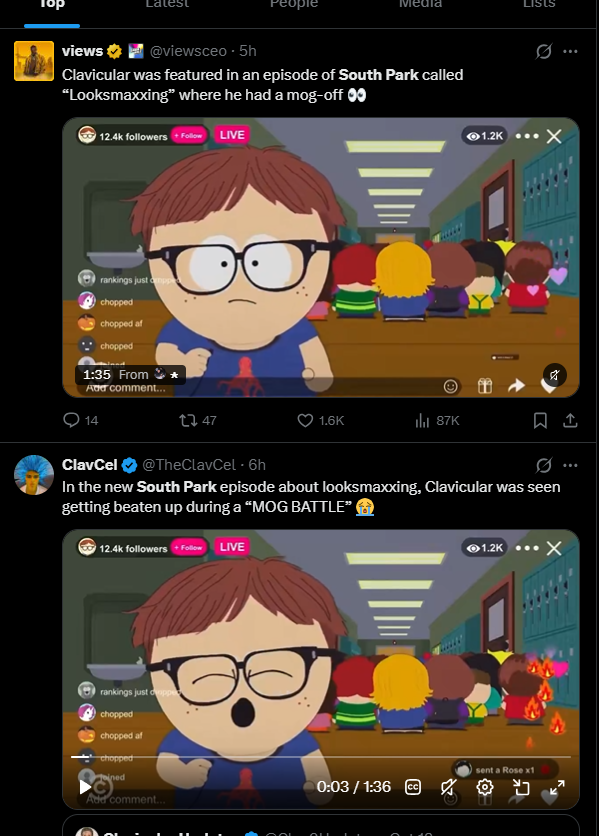 AlexandreRezek's tweet photo. How is there not a runner for this?

There is a "Clavicular" character in the new South Park episode his name is Chase Chadwick and its going viral asf

He literally has mog battle and the entire episode is about him,
GOING GIGA VIRA TWEETS EVERYWHERE
https://t.co/2RsR2JEpr4