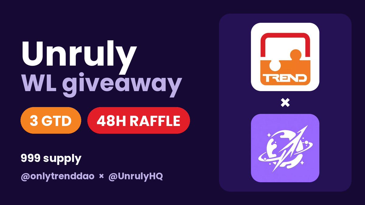 onlytrenddao's tweet photo. We’ve teamed up with @UnrulyHQ to give our community 3 GTD spots!

📦 Supply: 999 NFTs
⛓️ Chain: INK
💰 Mint price: TBD
GUARANTEED WHITELIST RAFFLE ⏰ 48 hours
To enter:
✅ Follow @UnrulyHQ &amp; @onlytrenddao 
✅ Drop evm address 
✅ RT + Like: 
https://t.co/MM8byneige https://t.co/iyGoFzQwev