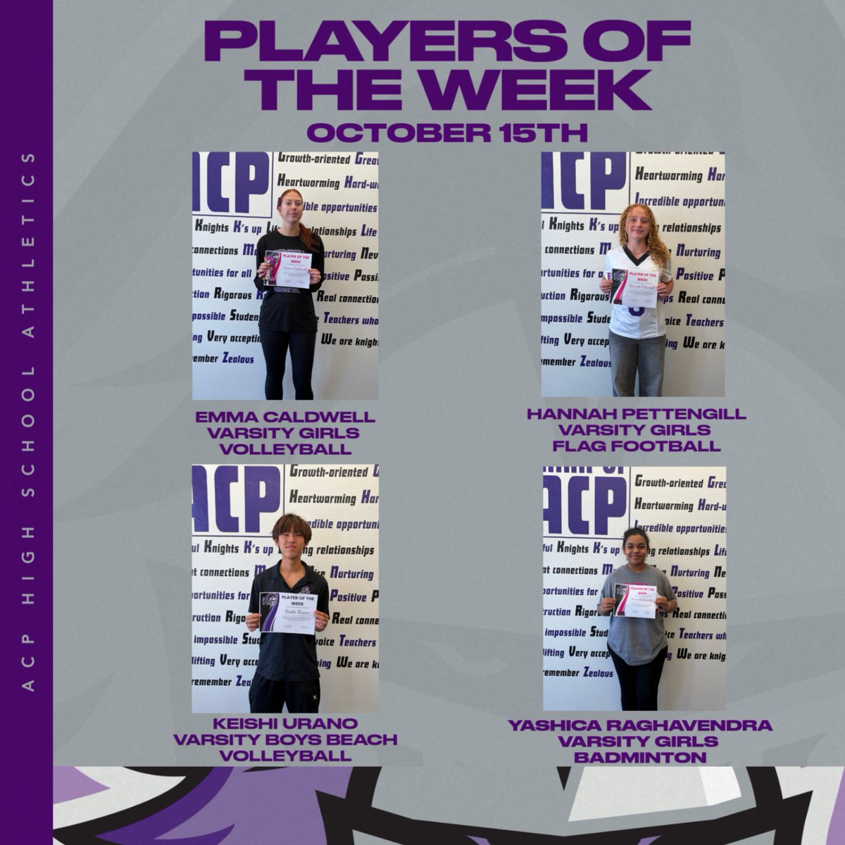 ACPAthletics's tweet photo. #ThursdayShoutout 
Shouting out our Knights who continue to lead by example through their hard work, dedication, and outstanding performances! Congratulations to this week's Players of the Week! #GoKnights
#PlayersOfTheWeek #ExcellenceEverywhere @CUSDAthletics https://t.co/HSKgo4R8U0