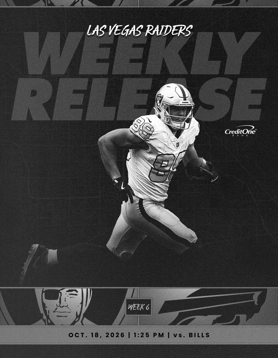 RAIDERS_PR's tweet photo. LAS VEGAS #RAIDERS GAME RELEASE - Week 6 vs. Buffalo Bills

FULL PDF:  https://t.co/AY6bcopf9p

📍 Allegiant Stadium            

📅Sunday, Oct. 18 - 1:25 PM PT  

📺@NFLonCBS 
(Jim Nantz, @JJWatt, @tracywolfson)

📻@CompassMediaNet 
(@joshlewinstuff, @LKennedy72)

📻@RNR920AM 
(@HorowitzJason, @kirkmorrison)

#RaiderNation |@Raiders