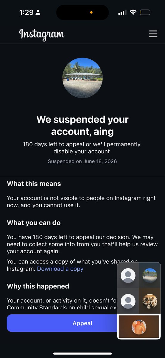 josiah_vala's tweet photo. @Meta @instagram  Ever since in 06/18/26 my account got banned while I was in a group chat full of randoms. Plus it was one person or few doing a loop reporting false banned which they kept creating a new acc so on, I got false reported. This so devastating to me https://t.co/J9e1Z98Ytt