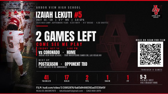 theonlyctenner's tweet photo. @lekuti_izaiah 

🎥https://t.co/3zPMFnOndm

#ArborViewFootball #NVFootball #702Football #VegasFootball #NevadaPreps #classof2027 #2027DB #Safety #Cornerback #HSFootball #DBU #UncommittedAthlete #RecruitTheVegasValley #FridayNightLights https://t.co/U8RRHbLY5K