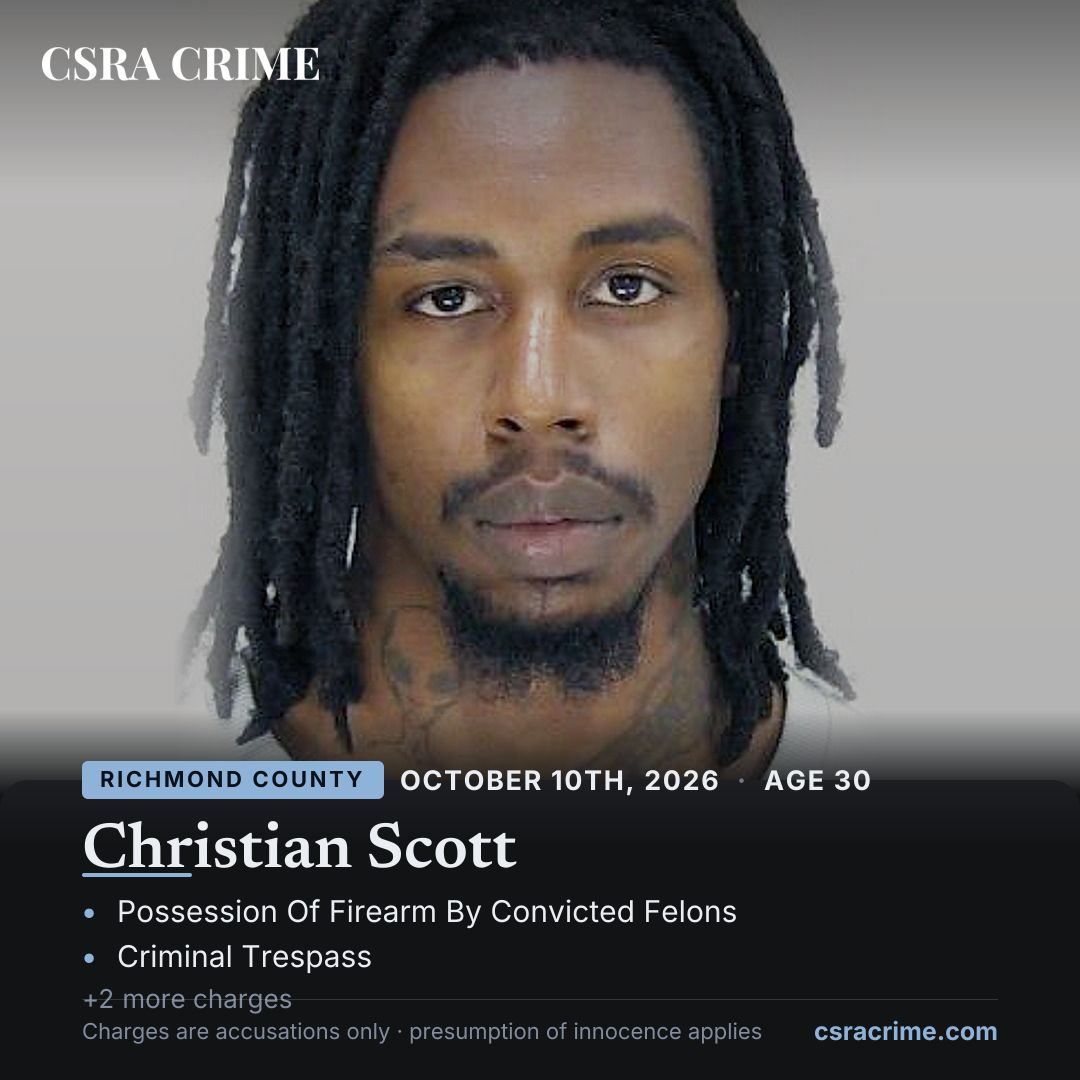 csracrime's tweet photo. Christian Scott was booked in Richmond County on October 10th, 2026. Top charge: Possession Of Firearm By Convicted Felons, along with Criminal Trespass and vehicle-related charges. Presumption of innocence applies.
#CSRACrime #Richmond
https://t.co/qFid1kvhju https://t.co/Lx5EkuCYx5