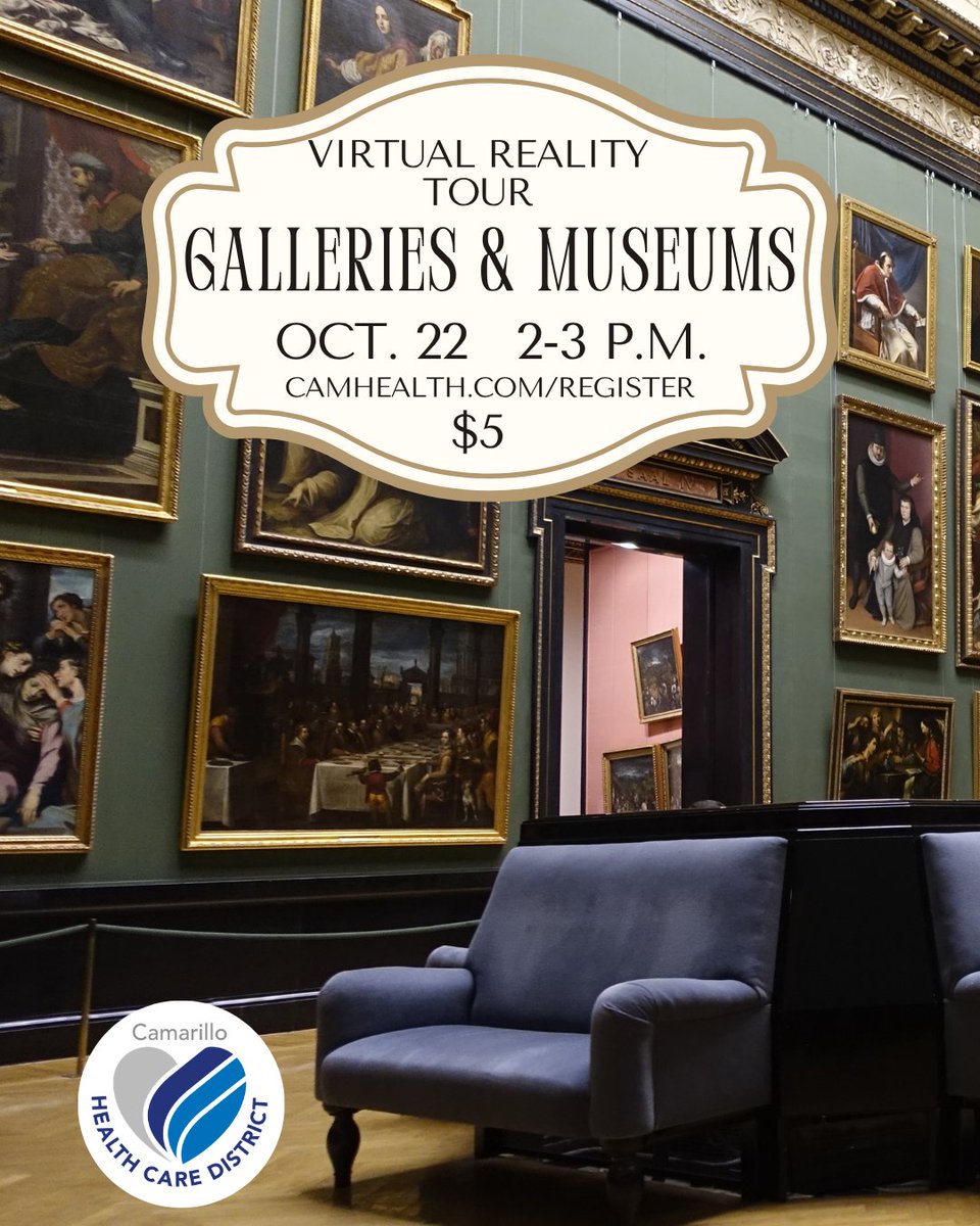 changing_aging's tweet photo. Explore famous art galleries and museums around the world using virtual reality. We will travel to the MET Museum, Louvre Museum, Museum of Modern Art, Guggenheim Museum Bilbao, Museums of the U.S. National Mall and National Portrait Gallery in Washington, D.C. No VR experience necessary. The class is held on our campus, 3639 Las Posas Road, in Camarillo. Join us 2-3 p.m., Thursday, Oct. 22. Cost: $5 (non-district residents add $4). Register at https://t.co/mCQ5lBzZ7x

#camarillo #venturacounty #vr @RendeverHealth