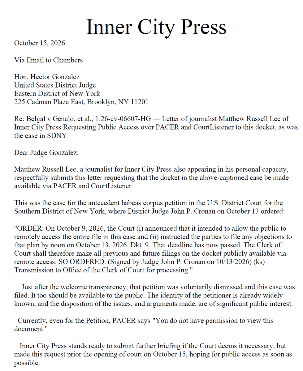 sdnylive's tweet photo. Courtroom Too Confidential: Man Shot by ICE in Upper Manhattan Oscar Belgal Refiled his Habeas Corpus Petition in EDNY in Brooklyn, No Inner City Press Letter to Put Case on PACER Docketed But Still Not Viewable [unlike in SDNY]  - https://t.co/D8FCnAa9Pi https://t.co/iTirLynNr4