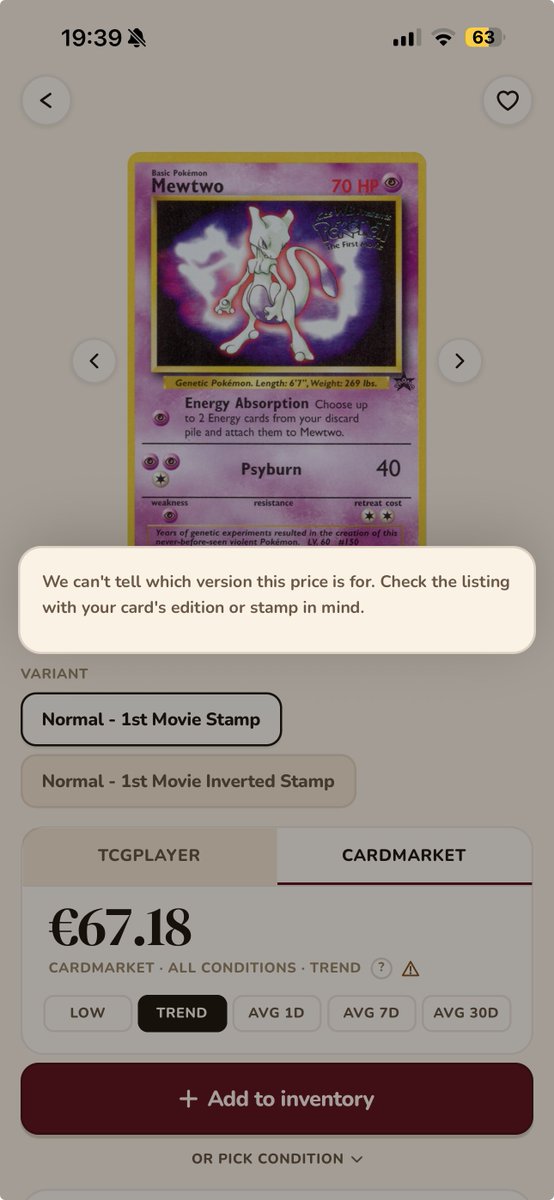 alpenhannes's tweet photo. Some prices in Snaptory are a best guess, and I'd rather the app said so. Take Mewtwo from the Black Star Movie promos. The price feed has one number for it, but the card exists in two stamped versions. Nothing says which one the number belongs to. https://t.co/0jlwb3EMcQ