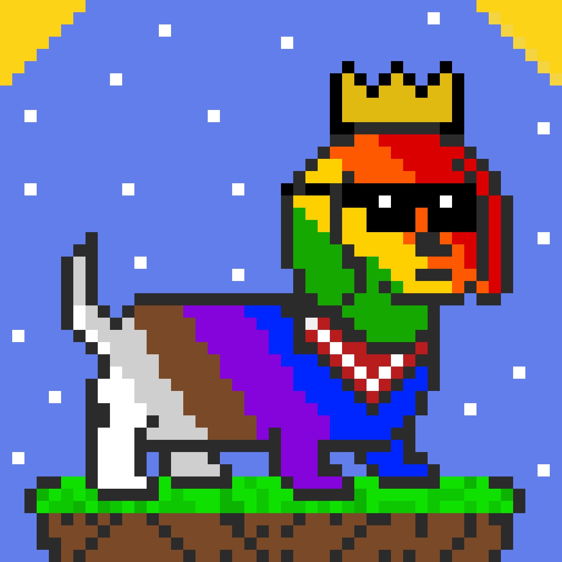 ThaKing1315's tweet photo. I drew my own https://t.co/1kTBwK2KRG 1/1 🌭 #HotDogsWtf 
@hotdogs_wtf 
1/1 "Rainbow King"
Traits: 6
Background: Star lit night, w/ royalty borders
Fur: Rainbow 
Head: Tha Kings Crown
Face: Cholo Glasses
Body: Bandana 
Extra: Hovering Platform https://t.co/yEzQfcR48k