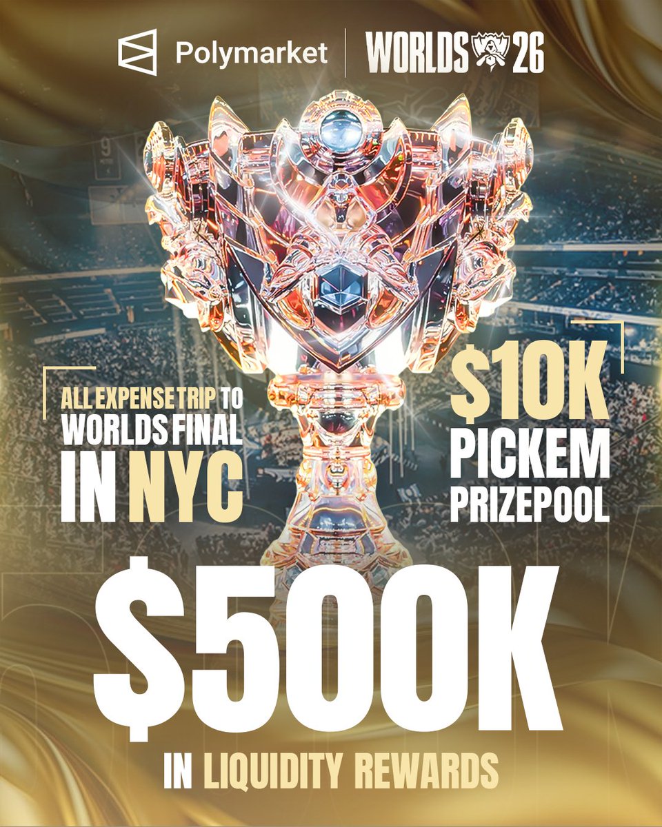 PolymarketLoL's tweet photo. 🚨 WORLDS 2026 IS LIVE ON POLYMARKET 🚨

💰 $500,000 in liquidity rewards
🏆 $10,000 Pick’ems prize pool
✈️ All-expense paid trip to the Worlds Final in NYC

Trade every series and prop right now:
🔗 https://t.co/aRaNxHy44a

Make your Pick'ems here: 
🔗https://t.co/u41G0nGFWF https://t.co/ZzpXLRtXkV