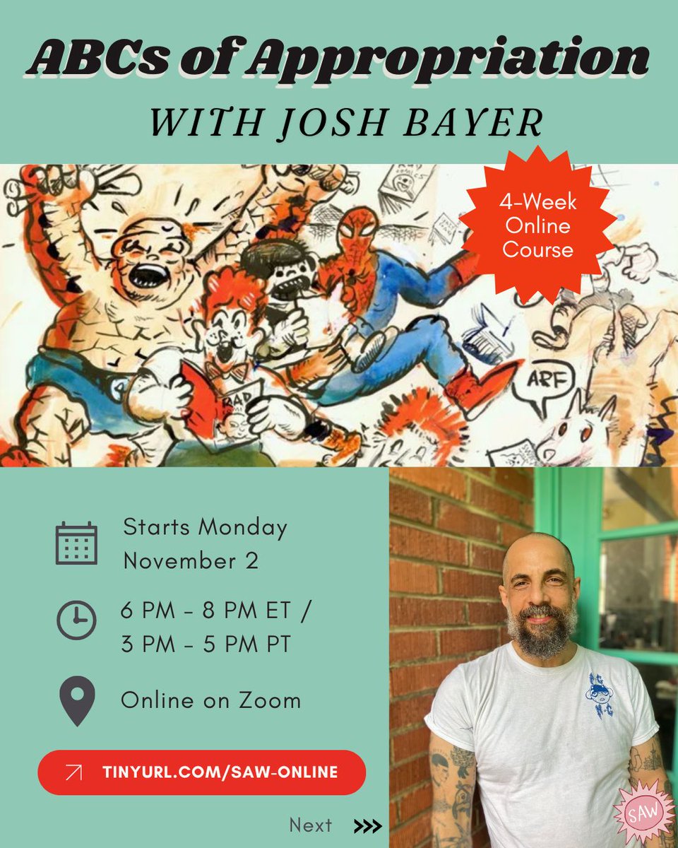 comicsworkshop's tweet photo. Explore the ABCs of Appropriation in this 4-week class with Josh Bayer (Unended, Utzy and Dusty, Theth)! 

💻 Where: 4 Mondays Starting November 2 
🕦 When: 6 PM-8 PM Eastern / 3 PM-5 PM Pacific

https://t.co/jFLi2MOWxd https://t.co/Zi5JwklMAD
