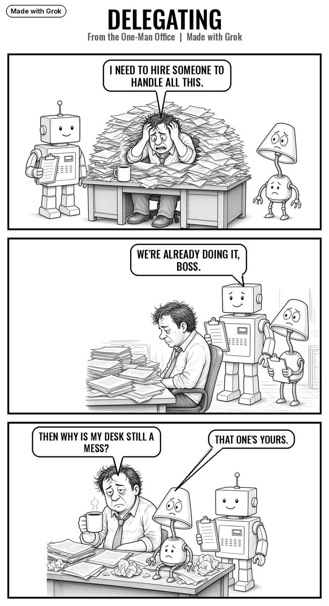 StaffOfBots's tweet photo. George hired help. The help is doing the work. George's desk is still a mess. (AI-made comic strip, made with Grok) https://t.co/GxHBp7UrUS