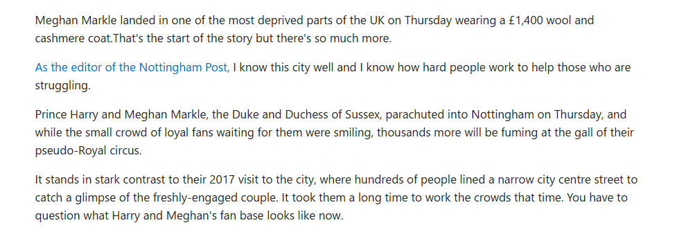 MDymore's tweet photo. #HarryIsATraitor #MeghanIsAFraud
"I know Nottingham inside out - thousands of locals will be fuming at Harry and Meghan." https://t.co/mVt62GA0dt