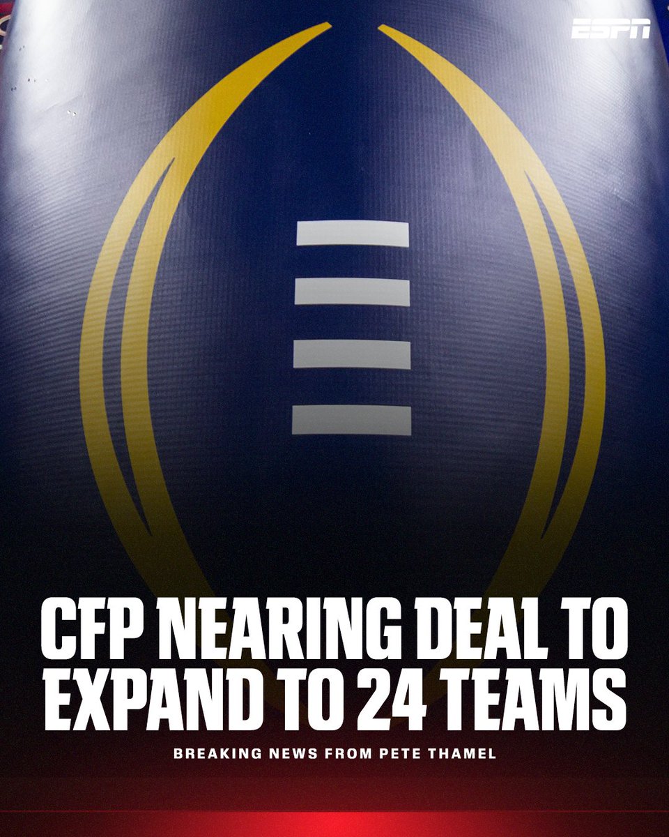 espn's tweet photo. Breaking: The College Football Playoff is nearing a deal to expand to 24 teams, sources tell @PeteThamel.

The new format will start in 2027 and is expected to come together in the near future, pending final approvals. https://t.co/jwSAEWwdgO