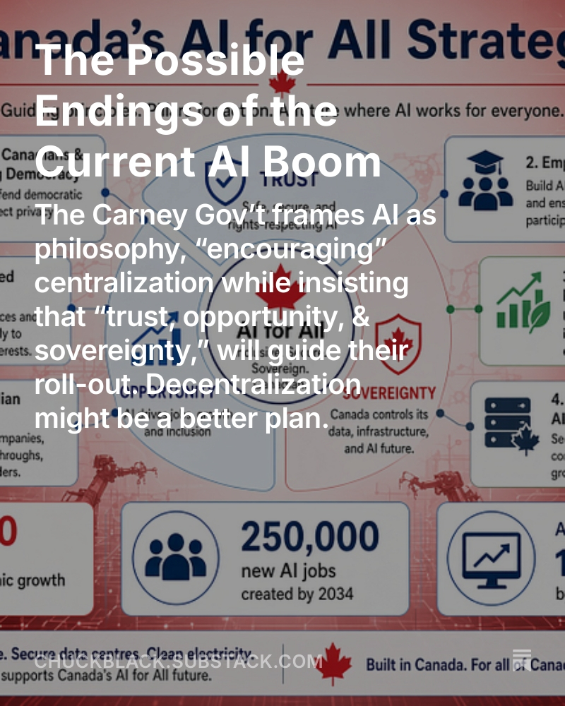 Space_Blog's tweet photo. The Possible Endings of the Current AI Boom 

The Carney Gov’t frames AI as philosophy, “encouraging” centralization while insisting that “trust, opportunity, & sovereignty,” will guide their roll-out. Decentralization might be a better plan.

https://t.co/l1IxEX0eaJ 

#freedom #CANADU
@JCCFCanada
@RealAndyLeeShow
@CanadaPoli2
@CDN_Dimension
@Martyupnorth
@ClydeDoSomethin
@DruthersNews
@junonewscom
@mgeist
@NorthrnPrspectv
@RebelNews_CA
@RebelNews_USA
@RebelNews_AU
@RebelNews_UK
@SNewmanPodcast
@thevivafrei
@westernstandard
@ezralevant
@AndrewLawton
@mark_slapinski
@TristinHopper
@LichTamara
@JimMcMurtry01
@pete_porcupine

@DanDicksPFT

@Harry__Faulkner

#canpoli #cdnpoli