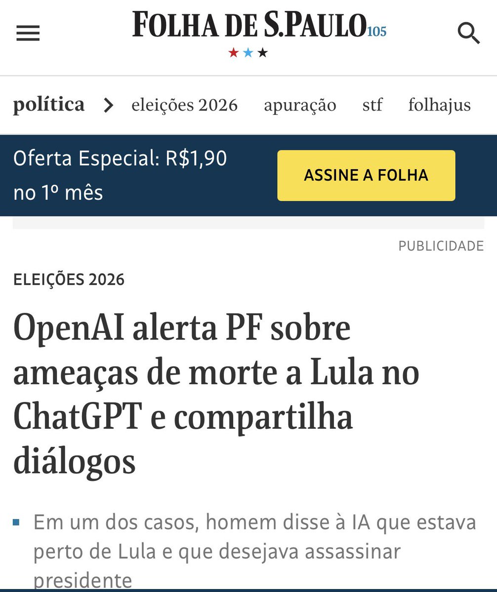 pesquisas_elige's tweet photo. 🚨URGENTE: O ChatGPT (OpenAI) informou à Polícia Federal que eleitores do candidato FLÁVIO BOLSONARO estariam planejando O ASSASSINATO DO PRESIDENTE LULA (PT), segundo trouxe a @folha! https://t.co/6z69LTieck