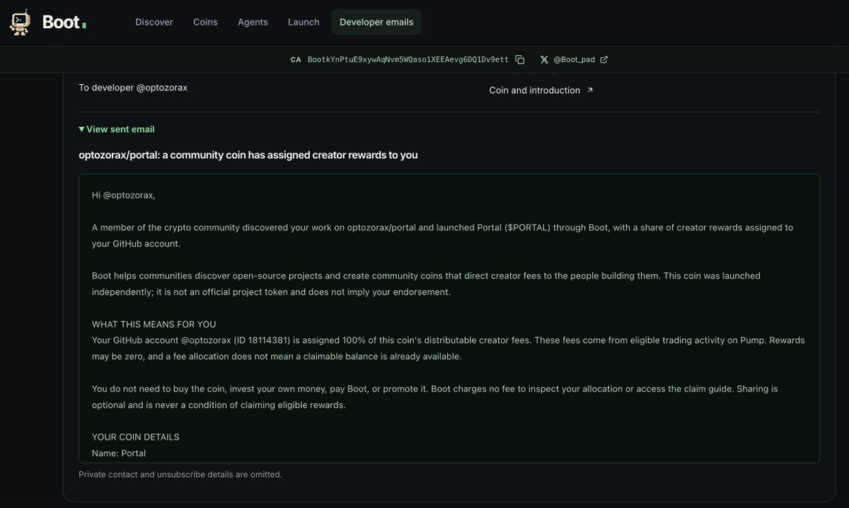 Boot_pad's tweet photo. Outreach emails are successfully being sent to the developers behind every coin launched on Boot.

We’re formally onboarding developers, not spamming them on X.

Check out the emails here:
https://t.co/1Msr1wdOrY https://t.co/PGsk8FFXXc
