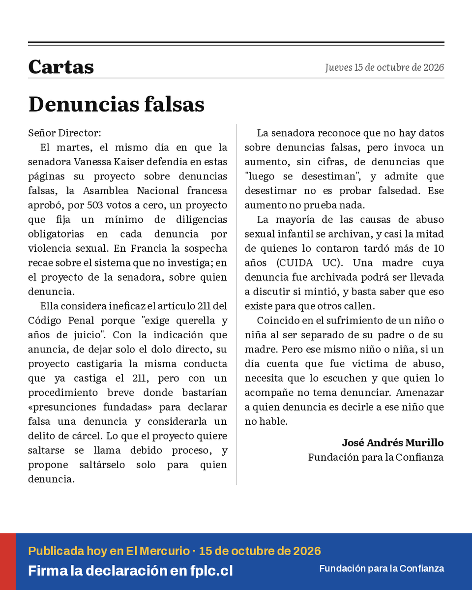 JosAndrsMurillo's tweet photo. El proyecto de ley de falsas denuncias, de aprobarse, sería el retroceso más grande y grave en derechos de la niñez en Chile. 
Si no me crees, léelo aquí: https://t.co/pMmr7U08cW
Hoy publiqué esta carta. Ya van más de 80 organizaciones que se unen contra este proyecto https://t.co/VnNtthC5tS