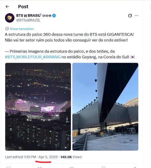 thewavesuck's tweet photo. O primeiro show da Arirang Tour foi dia 9 de abril, e a pré-venda no Brasil começou dia 7, quando já circulavam fotos do palco desde o dia 05. Ou seja, havia referências da estrutura, mas faltou transparência sobre o que seria oferecido na América Latina https://t.co/yBKC4iJYrh