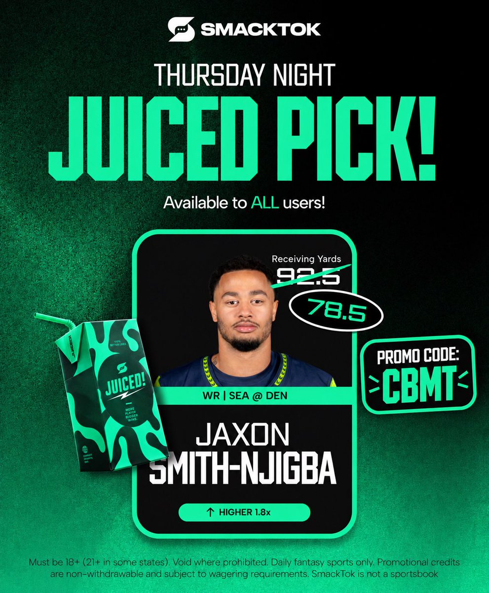 CBMTANALYTICS's tweet photo. 🚨 THURSDAY NIGHT JUICED PICK! 🧃🏈

Jaxon Smith-Njigba’s receiving line drops from 92.5 to 78.5 yards on SmackTok! Higher 78.5 at 1.8x—available to ALL users.

Sign up using promo code CBMT and juice up your TNF! 🔥

#TNF #NFL #SmackTok #CBMT https://t.co/UuygkRctgt