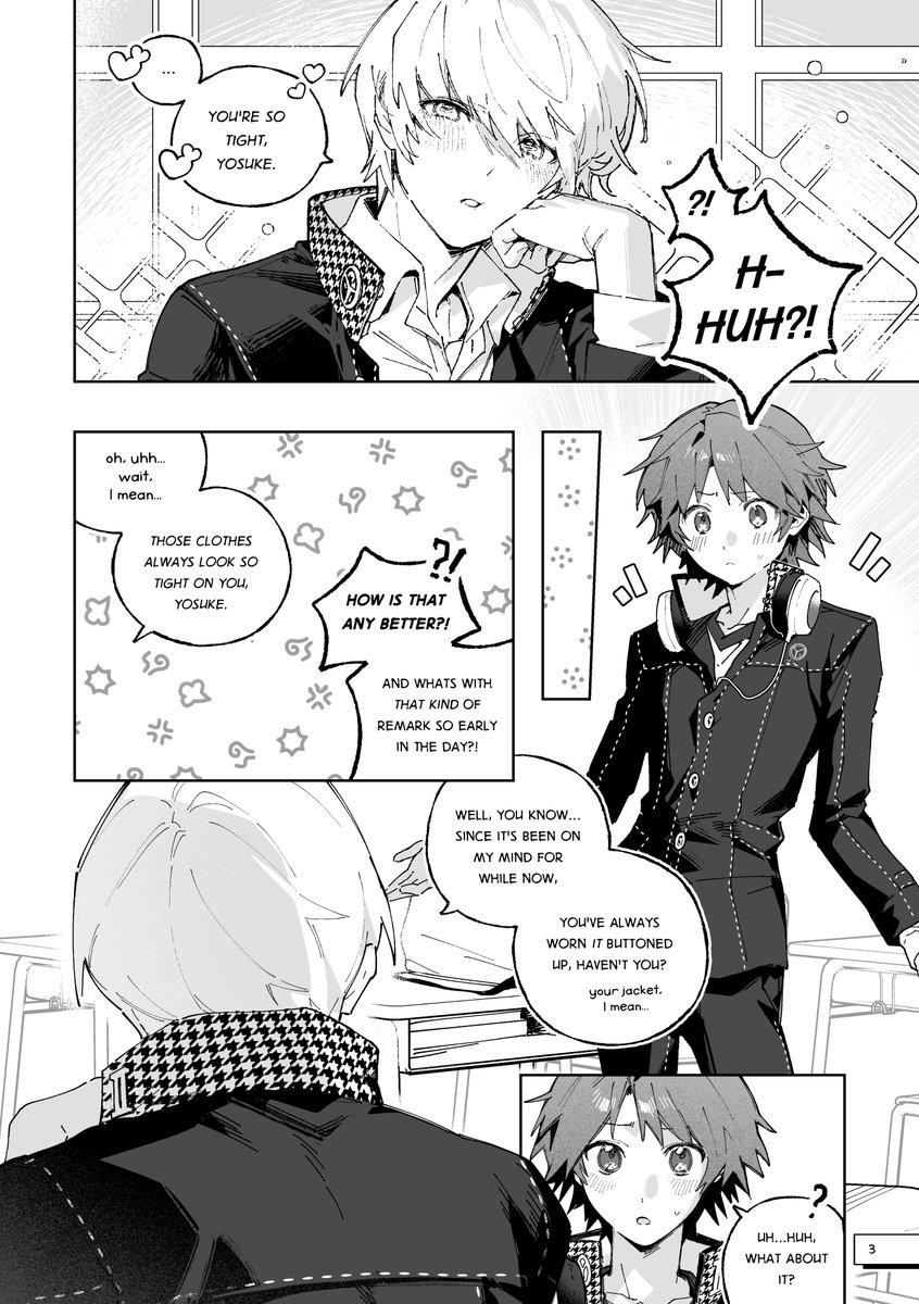 fuburger's tweet photo. hi hi...! i'm cooking up a souyo doujin #cf23!! i'm also planning to restock my old books too so dw!

Don't Look Too Much!
24p | R16 | ENG 
🚢Yu Narukami x Hanamura Yosuke
⭐️free a6 print &amp; sticker !

#souyo #主花
(1/3) https://t.co/K7WMlCnpYe