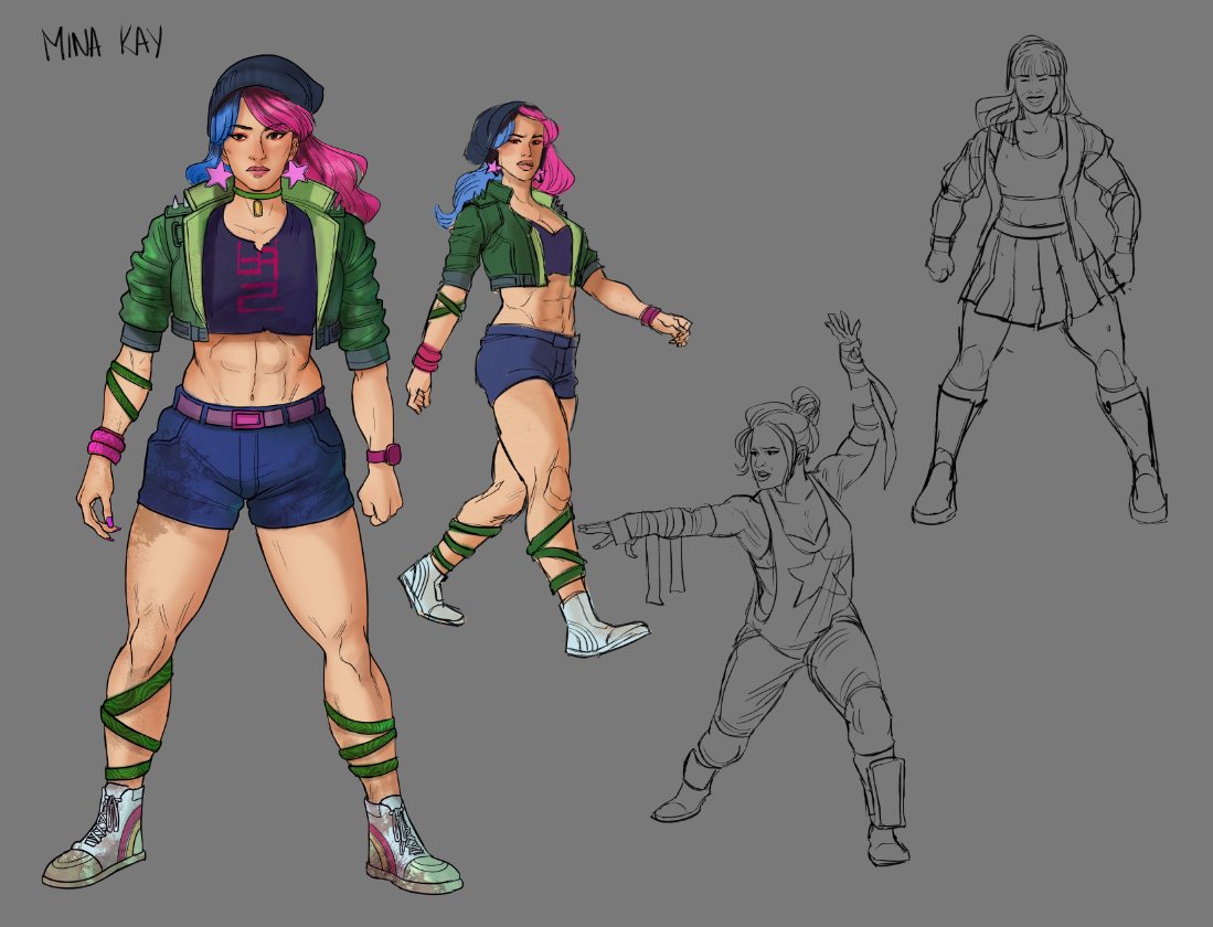 dvveet's tweet photo. I've seen a lot of love for the (most likely) now scrapped Survivor, Mina Kay, since I first posted about her last year. Here's all the information I knew about her in one post.

> Mina Kay was entirely referencing the world and fantasy of WWE and wrestling in general. She was largely inspired by Rhea Ripley, Becky Lynch, and Jang Eun-sil.

> Mina Kay was originally a Korean-American woman, as most of the references given of her to the art team were of Korean / East Asian wrestlers. The directors clarified that they wanted an AMERICAN woman only, and made her Caucasian instead. (Still puzzles me!)

> Mina Kay's story centered around her rise to fame in the bodybuilding and amateur wrestling world. She was working with a close friend of hers and they were meant to be a female duo but she betrayed her and signed a one-on-one contract instead. This skyrocketed her into fame as she left her friend behind. She works insanely hard to remain in perfect shape, and in perfect standing with her audience.

> She had a concepted Killer accompanying her, no I do not have any art. It would've been another world famous wrestler but a big name, long-standing figure. Someone that would do anything to keep their number one title intact and refuses to back down from anyone. I know at least one of the references was the Tonya Harding case. 

> Her style would've been very girly as a counter to her rough and intimidating presence in the rink. Her Outfits would've ranged from various wrestling fits to event appearances and streetwear clothing.

> She was first drafted in early August 2024 with concept arts being done soon after in September. She was a part of a focus group which consisted of various Survivors. Including Vee Boonyasak (then DJ Mabini), Shane Wiigwaas (under a different name), Renjiro Yamaoka, and others. 

> She was intended to have a completely new female body type, which was likened to David King's stature and shape.

1. The first photo is Mina Kay when she was concept as Korean-American.
2. The second photo is Mina Kay's (already leaked, see below, but now in higher quality) store Cosmetic.
3. The third photo is another Mina Kay cosmetic, inspired by Sharon Tate.
4. The fourth photo was a variant of Mina Kay's (already leaked, see below) default but when she was momentarily drafted as Latina. She was still made Caucasian in the end.