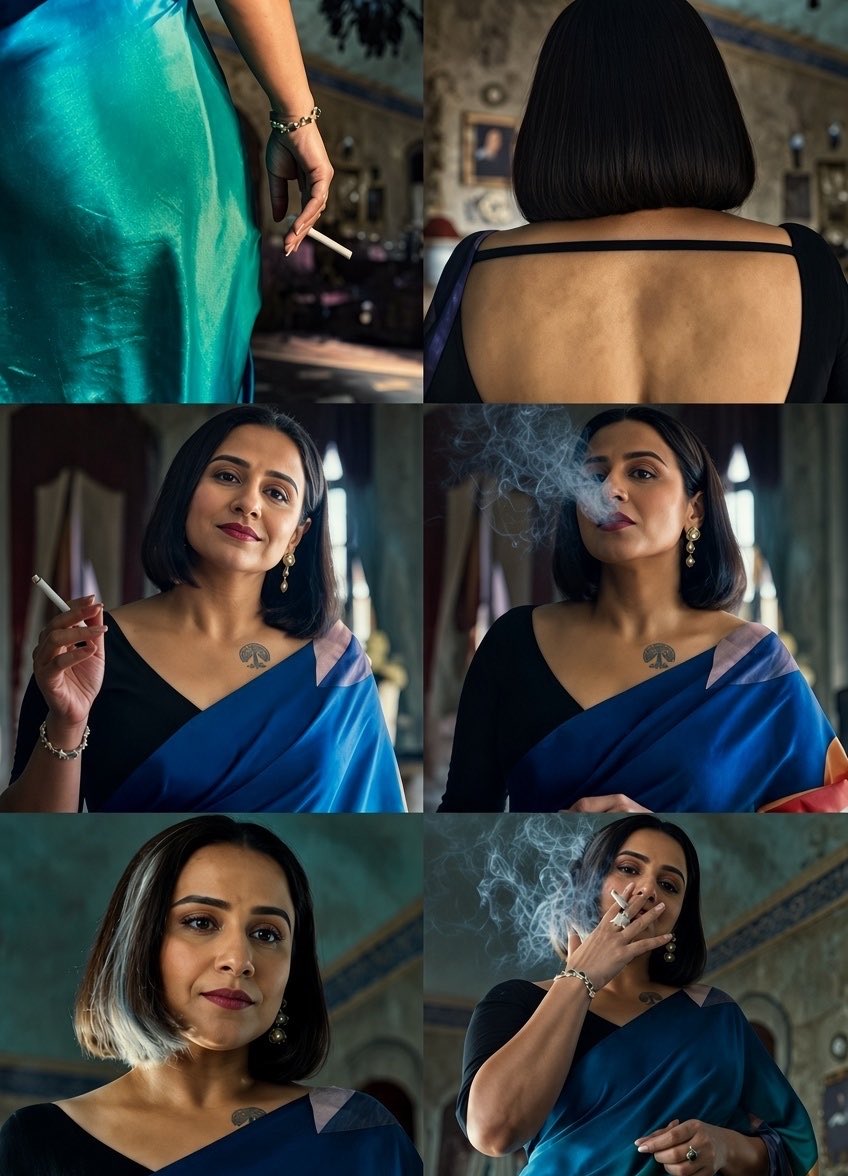 BLOODYxBADDIE's tweet photo. Short hair ..Backless Blouse... Tattoo on chest 🥵🥵

Vidya Balan is raising the bar 📊 🚬

Vidya Balan in Saree is always addictive 
#Vidyabalan #Jailer2 #Kantha https://t.co/xFljpDJIeY