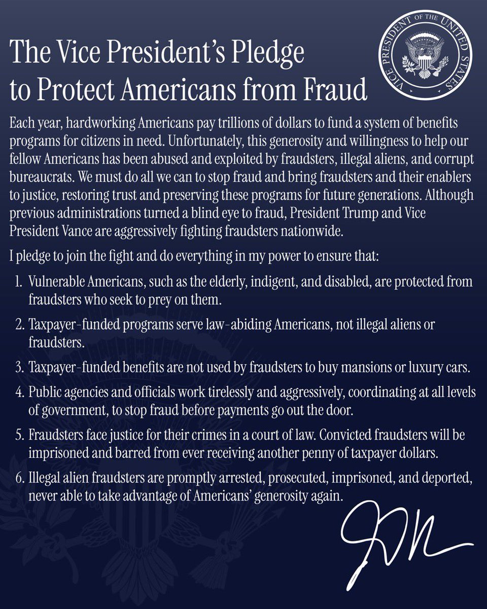 A formal government-style pledge document on a dark blue background, with a circular presidential seal at the upper right, a large faint eagle emblem behind the lower text, and a handwritten signature near the bottom. It contains a headline, several paragraphs, and a numbered list.