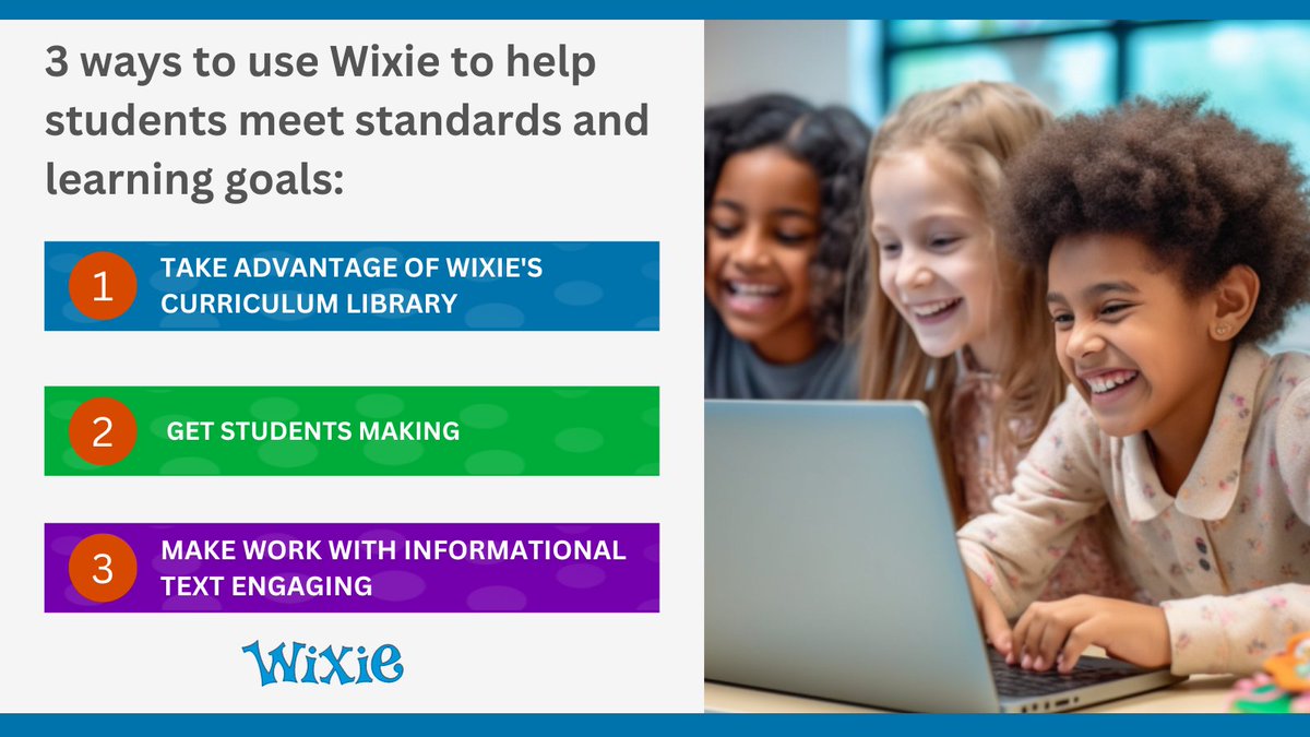 Tech4Learning's tweet photo. 3 ways to use Wixie to help students meet standards and learning goals
#1 - Take advantage of Wixie's curriculum library
#2 - Get students making
#3 - Make work with informational text engaging

https://t.co/3HSr2eRAbs https://t.co/X6aLqNMM0e