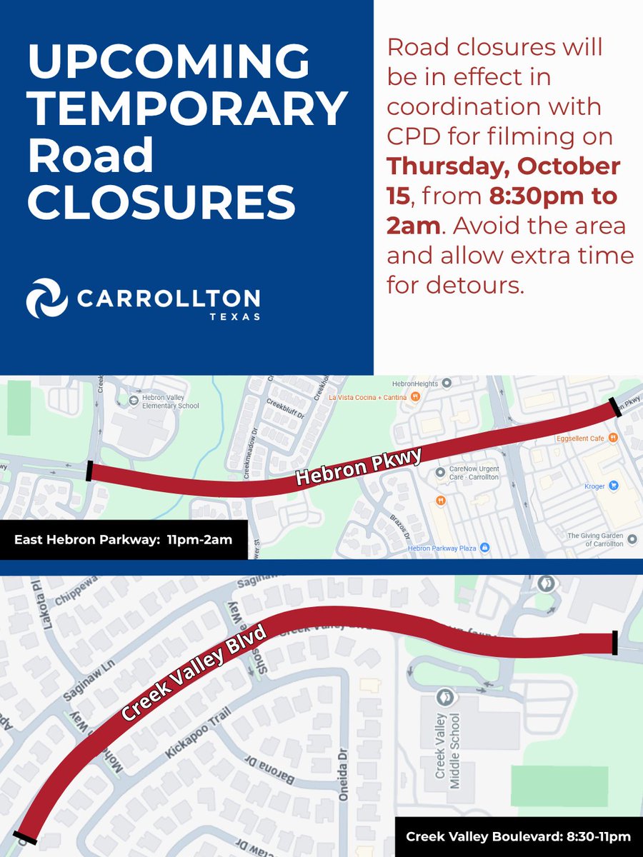 CarrolltonTX's tweet photo. TRAFFIC ADVISORY - ROLLING ROAD CLOSURES FOR FILM SHOOT: Thursday, October 15, 8:30pm-2am
 
Portions of Creek Valley Boulevard and East Hebron Parkway, east of Creek Valley Middle School (4109 Creek Valley Blvd.), will experience rolling road closures for a film shoot Thursday, October 15, into Friday morning.
 
Closure Schedule
 
Creek Valley Boulevard: Thursday, October 15, 8:30-11pm
East Hebron Parkway: Thursday, Oct. 15, into Friday, October 16, 11pm-2am
 
Filming will take place in coordination with the Carrollton Police Department (CPD), with officers on-site throughout the shoot to assist with traffic control.
 
Please avoid the area when possible and allow extra time for potential delays and detours.